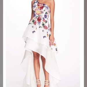 Marchesa Notte one shoulder, high-low embroidered gown